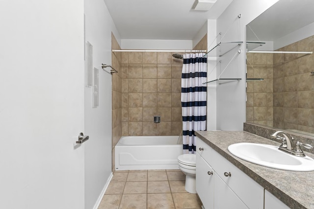 full bathroom featuring shower / bath combo, toilet, tile patterned floors, and vanity