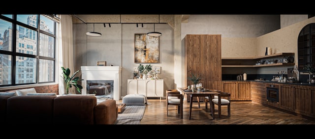 living room with parquet flooring and wine cooler