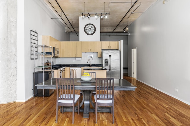 kitchen with appliances with stainless steel finishes, light brown cabinetry, a towering ceiling, and hardwood / wood-style flooring