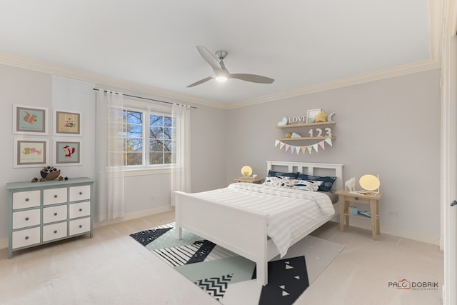 carpeted bedroom with crown molding and ceiling fan