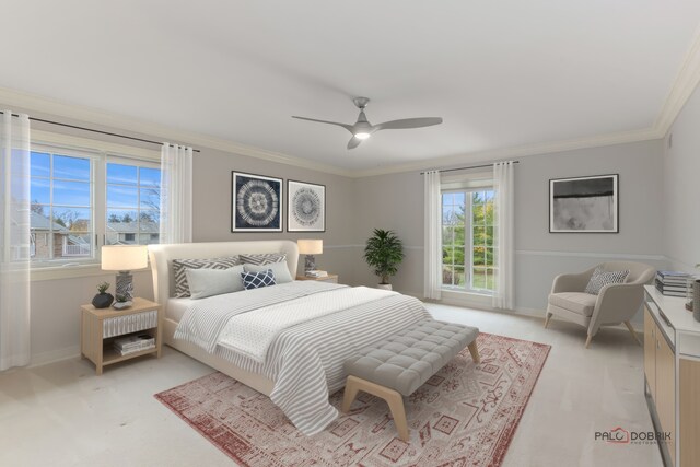 carpeted bedroom featuring ceiling fan and ornamental molding