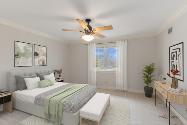 bedroom with crown molding, ceiling fan, and light colored carpet