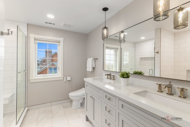 bathroom with plenty of natural light, toilet, a shower with door, and vanity