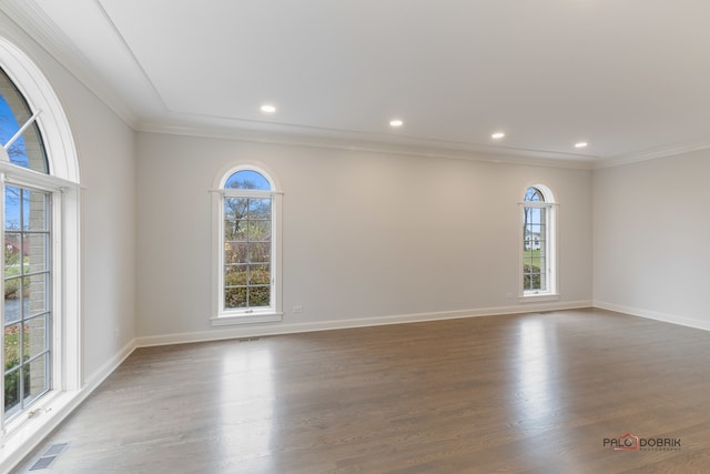 empty room featuring hardwood / wood-style flooring and crown molding