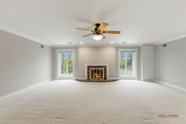 unfurnished living room featuring crown molding, plenty of natural light, and a fireplace