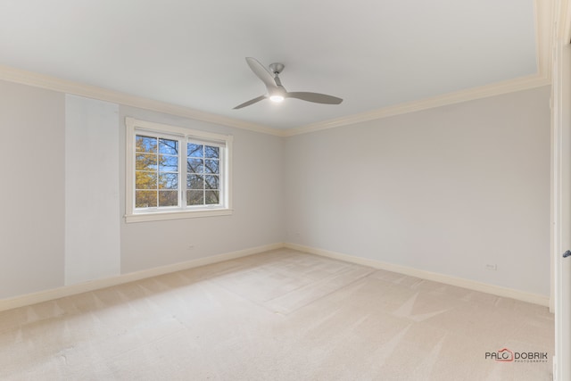 carpeted spare room with crown molding and ceiling fan