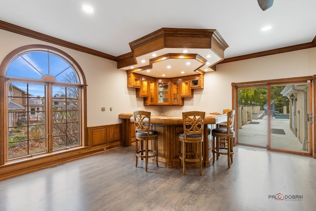 bar featuring dark wood-type flooring and crown molding