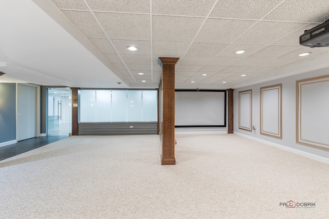 basement featuring light carpet