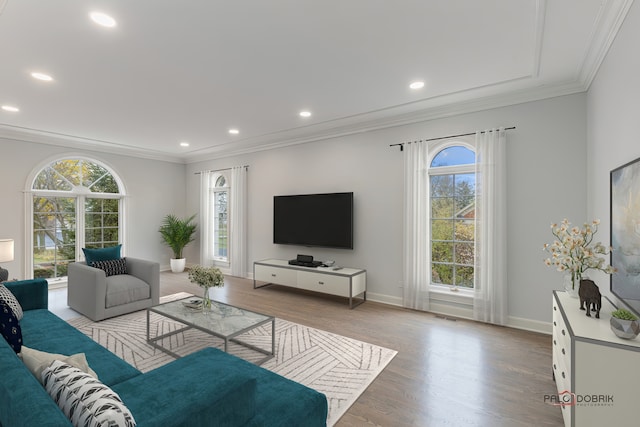 living room with ornamental molding and light wood-type flooring