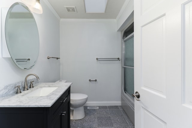 full bathroom featuring bath / shower combo with glass door, toilet, ornamental molding, vanity, and tile patterned flooring