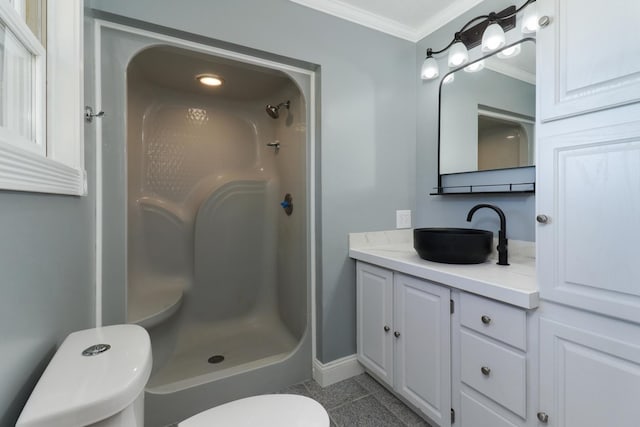 15054 E 2500 N Rd, Hudson, IL 61748 - full bathroom with toilet, ornamental molding, vanity, a stall shower, and baseboards