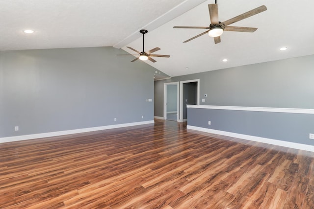 15054 E 2500 N Rd, Hudson, IL 61748 - unfurnished room with a ceiling fan, wood finished floors, baseboards, vaulted ceiling, and recessed lighting