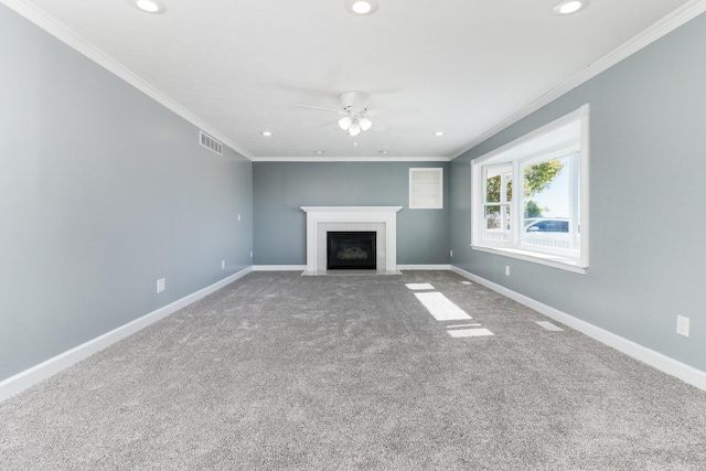 15054 E 2500 N Rd, Hudson, IL 61748 - unfurnished living room with ceiling fan, recessed lighting, carpet, a tile fireplace, and baseboards