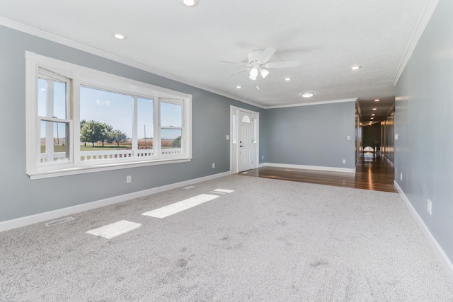 15054 E 2500 N Rd, Hudson, IL 61748 - unfurnished room featuring carpet, recessed lighting, ornamental molding, baseboards, and ceiling fan