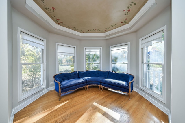 living room with hardwood / wood-style floors, a healthy amount of sunlight, and a tray ceiling