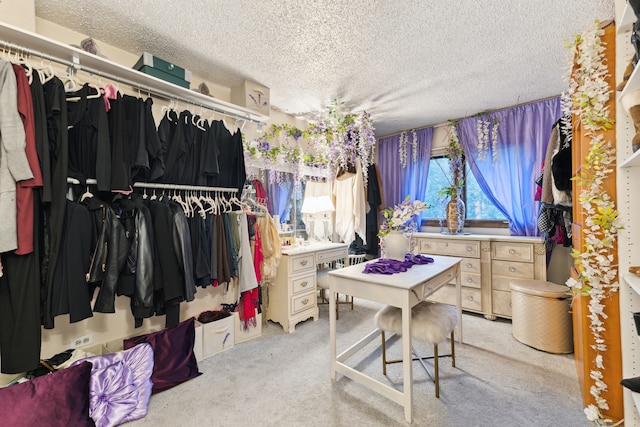 spacious closet featuring light colored carpet