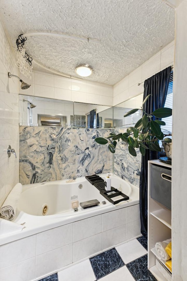 1817 E 171st Pl, South Holland, IL 60473 - full bathroom featuring a whirlpool tub, a textured ceiling, and tiled shower