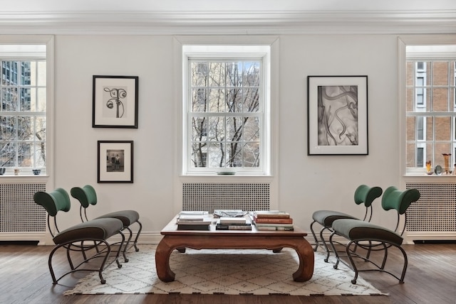 living area featuring hardwood / wood-style floors, crown molding, and radiator