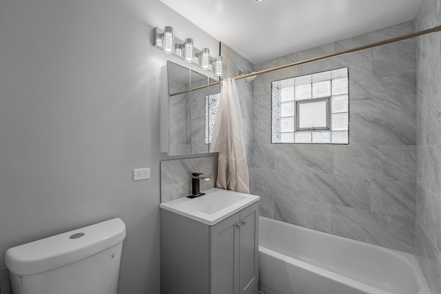 full bathroom with vanity, toilet, and shower / bathtub combination with curtain