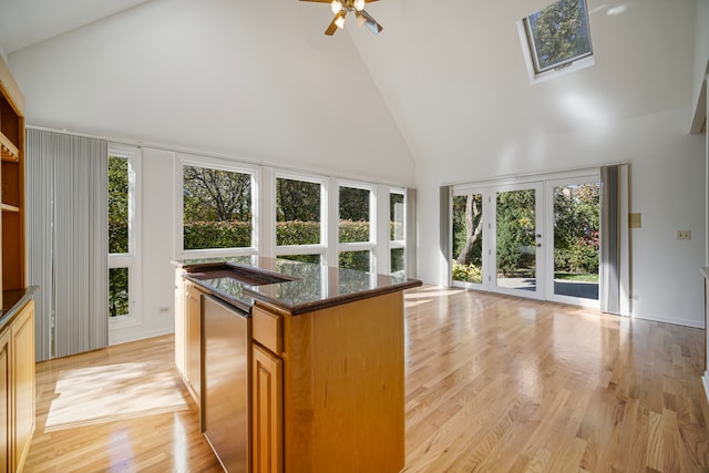 kitchen with light hardwood / wood-style flooring, a healthy amount of sunlight, and high vaulted ceiling