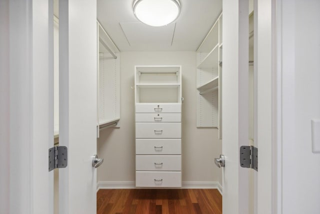 spacious closet with dark hardwood / wood-style floors