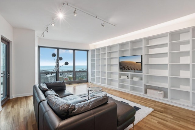 living room featuring track lighting and hardwood / wood-style flooring