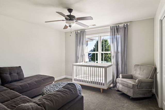 bedroom with ceiling fan and carpet flooring