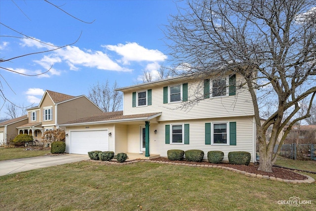 view of front of property with a front lawn and a garage