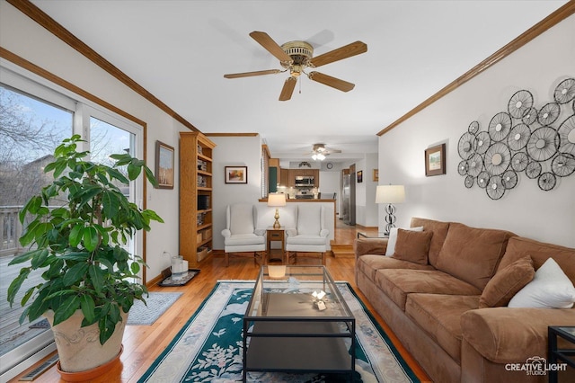 living room with ceiling fan, ornamental molding, and light wood-type flooring