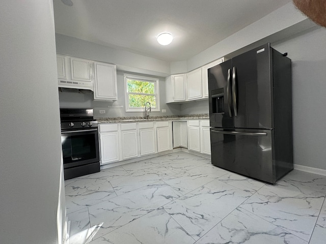 kitchen featuring black refrigerator with ice dispenser, white cabinetry, light stone countertops, and electric stove