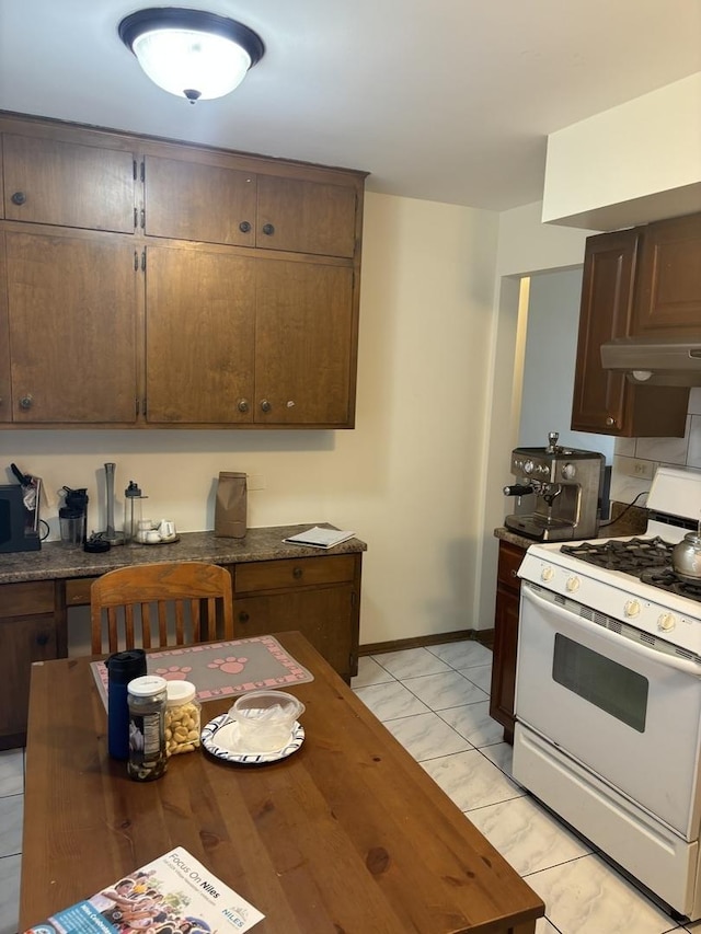 9270 N Courtland Dr, Niles, IL 60714 - kitchen featuring white gas range oven, butcher block countertops, under cabinet range hood, baseboards, and light marble finish flooring