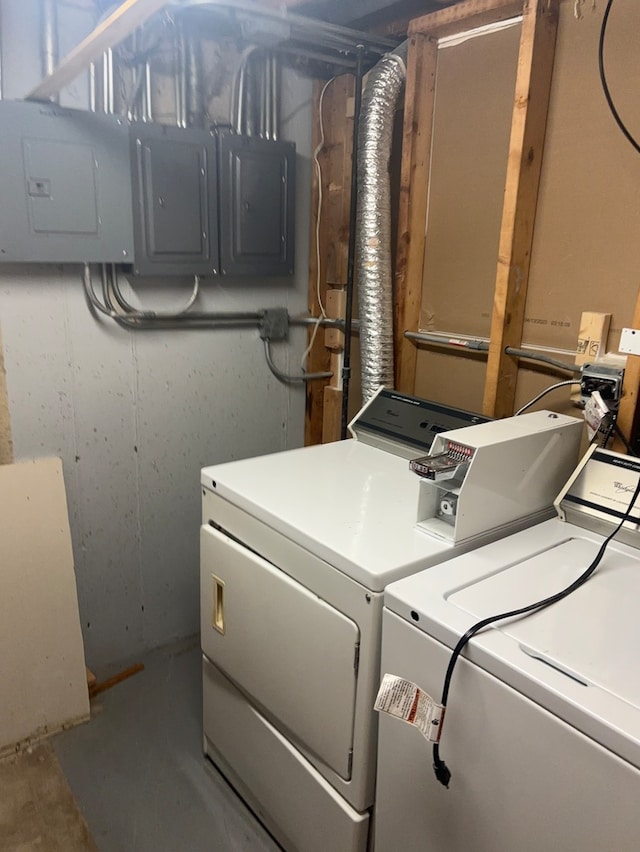 laundry area with electric panel and separate washer and dryer