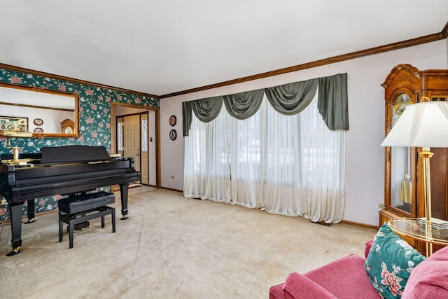 1617 Cimarron Dr, New Lenox, IL 60451 - sitting room with crown molding, carpet floors, and wallpapered walls