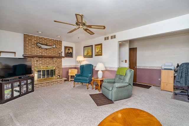 1617 Cimarron Dr, New Lenox, IL 60451 - living area with a ceiling fan, carpet floors, and a fireplace