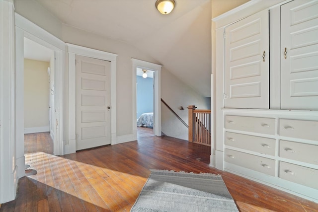 foyer with dark wood-type flooring and vaulted ceiling