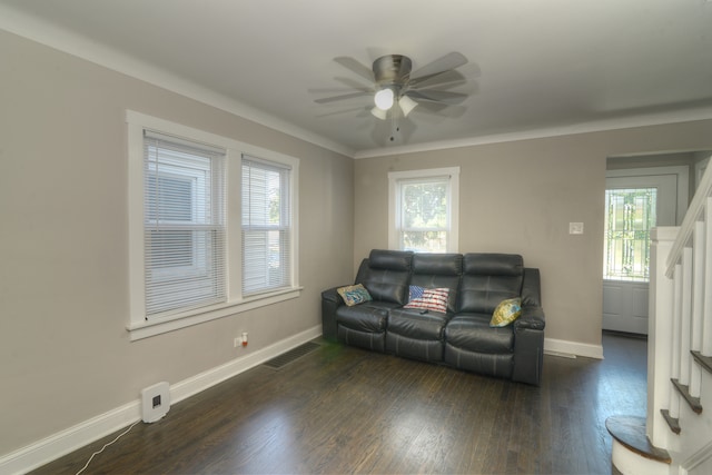 living room featuring crown molding, dark wood-type flooring, and ceiling fan