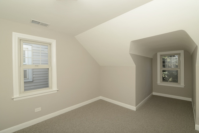 bonus room with lofted ceiling and carpet flooring