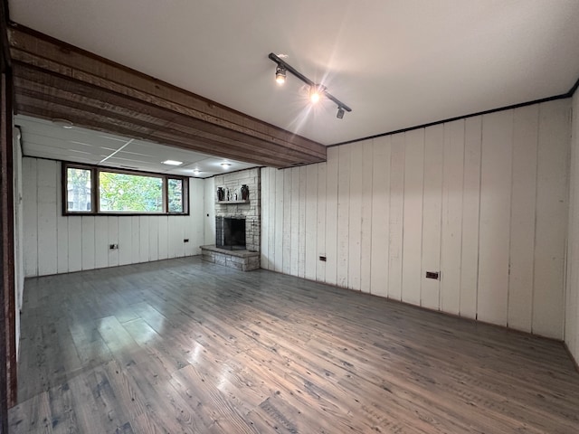 basement with a fireplace, dark hardwood / wood-style floors, and wood walls