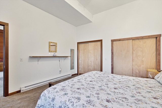 carpeted bedroom with a baseboard radiator