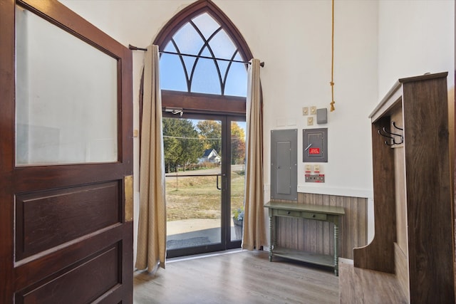 entryway featuring light hardwood / wood-style floors and electric panel