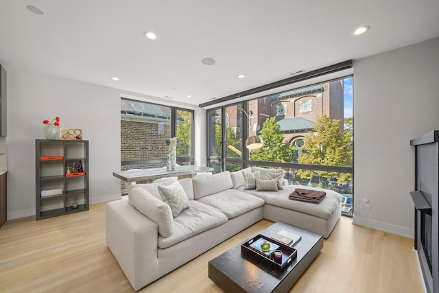 living room with light hardwood / wood-style flooring and a wall of windows