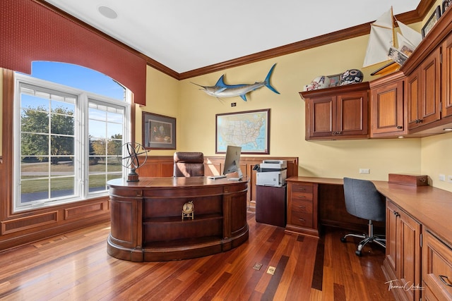 office with dark hardwood / wood-style flooring and crown molding