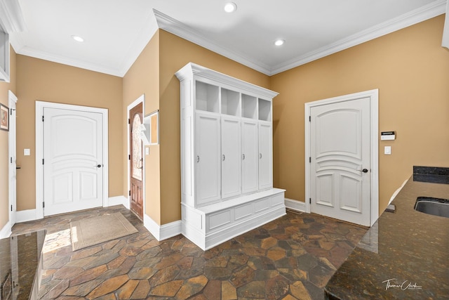 mudroom featuring ornamental molding and sink