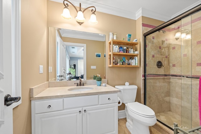 bathroom with toilet, a shower with shower door, ornamental molding, vanity, and tile patterned flooring