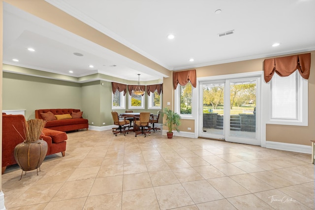 tiled living room featuring crown molding