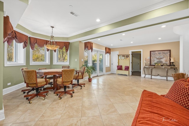 tiled dining space featuring ornamental molding