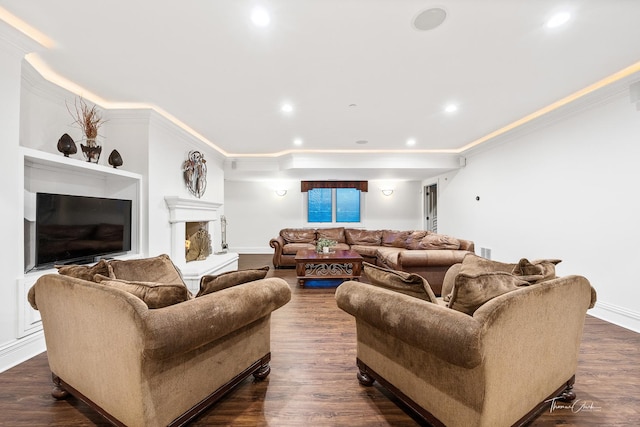 living room featuring crown molding and dark hardwood / wood-style floors