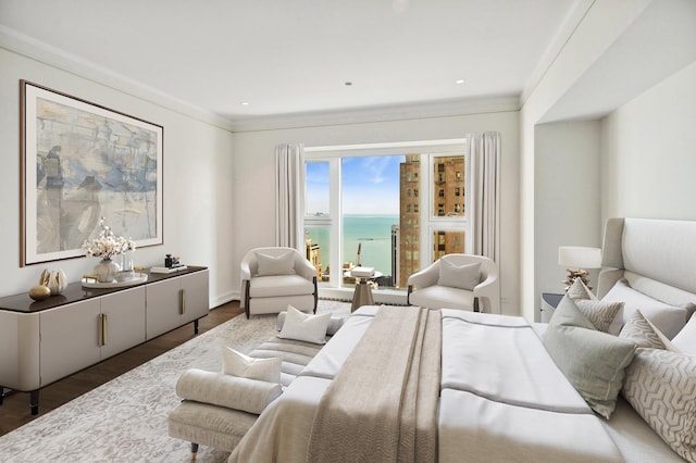 77 E Walton St Unit 28B, Chicago, IL 60611 - bedroom with a water view, wood finished floors, ornamental molding, and access to outside