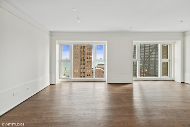 spare room with ornamental molding and dark hardwood / wood-style floors