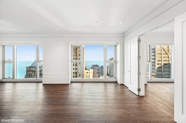 empty room featuring a water view, dark wood-type flooring, a healthy amount of sunlight, and crown molding